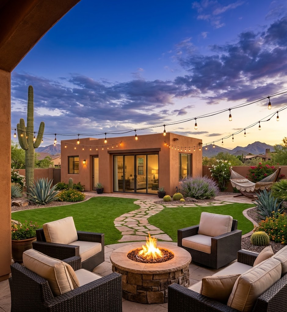 Finished Arizona casita at sunset with a landscaped yard, string lights and a fire pit patio